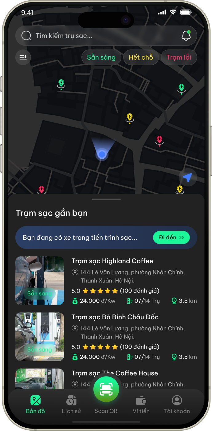 Quy trình sạc xe máy điện qua App EVsafe: Quét mã, chọn gói và thanh toán