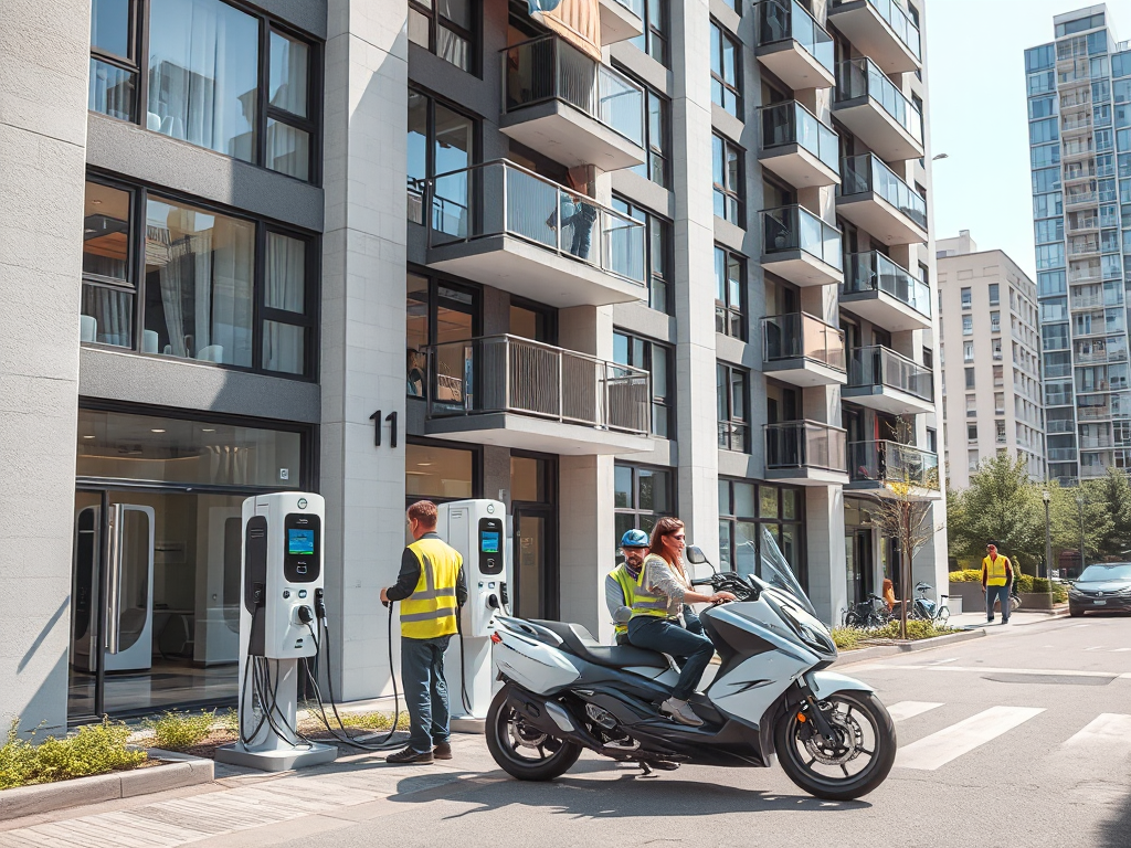 Quy trình lắp đặt trạm sạc xe máy điện EVsafe tại chung cư mini với đội ngũ kỹ thuật viên chuyên nghiệp, thiết bị hiện đại trong không gian đô thị sạch sẽ