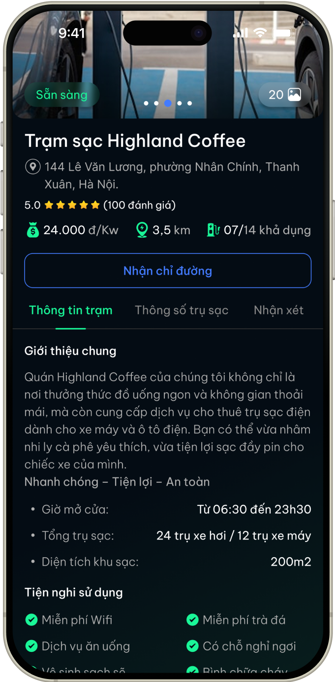 Chi tiết trạm sạc xe điện - trạng thái cổng sạc