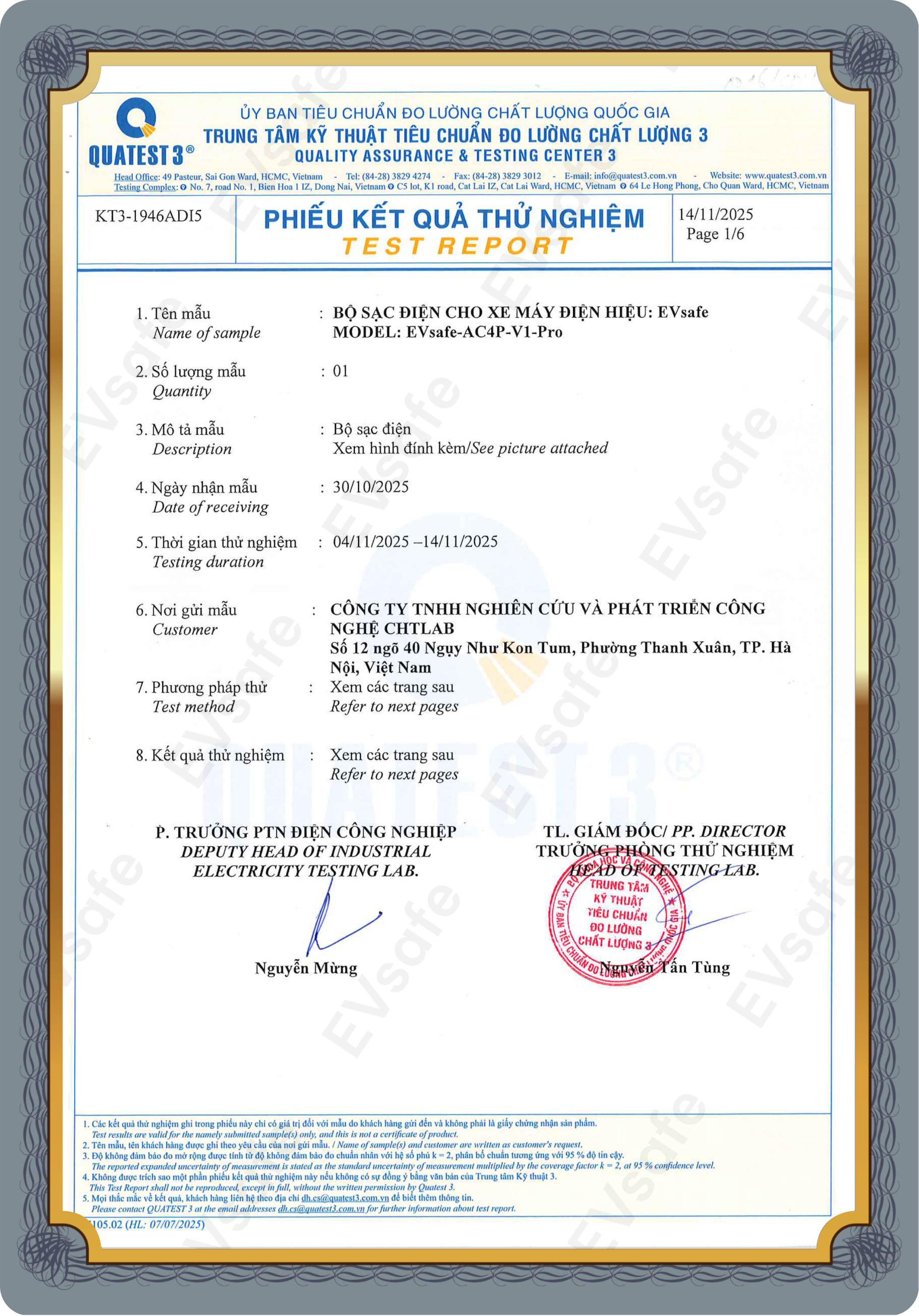 Giấy chứng nhận CO/CQ thiết bị sạc xe điện EVsafe